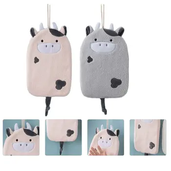 

2PCS Cartoon Small Cow Hand Towels Water-absorbent Dish Towels Decor (Pink+Grey)