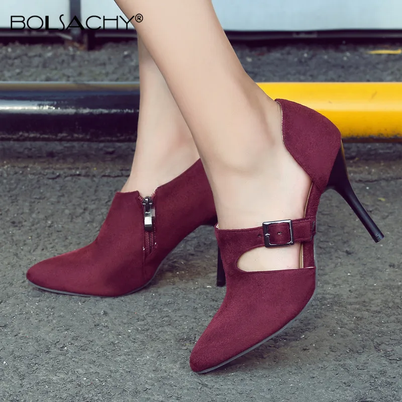 

Faux Suede Pumps Women High Heels Ladies Shoes Fashion Pointed Toe Thin Heels Hollow out ZIP Ladies Shoes 2021 New Party Shoes