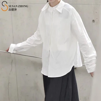 

women shirts female blouses tops full long sleeve Normcore-Minimalist solid tunic style MANDARIN COLLAR cotton Japanese Style