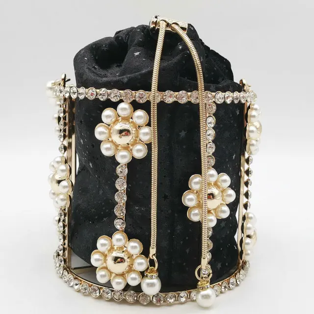 Black Boutique De FGG жемчужные женские сумки с верхней ручкой и пряжкой, вечерние сумки с цветами, женские клатчи с металлической цепочкой, сумка через плечо - Цвет: Black