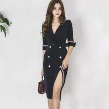 Осенняя одежда стиль женский корейский стиль Ol элегантный костюм воротник приталенный средней длины двубортное платье-футляр с разрезом