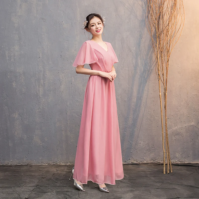 D long pink Розовое платье подружки невесты размера плюс, шифоновое свадебное платье для гостей, вечерние платья без рукавов с v-образным вырезом, платье для выпускного вечера Azul Royal vestidos mujer - Цвет: D long pink
