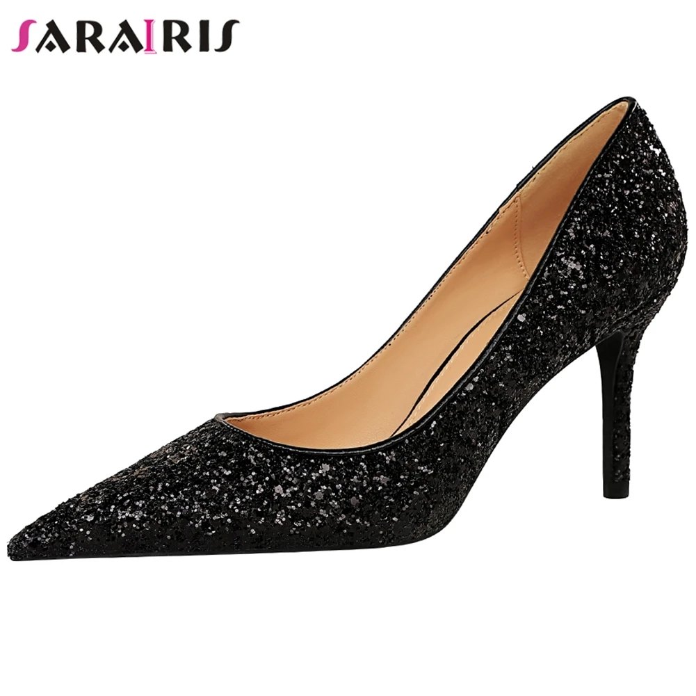 

SARAIRIS Female Sexy Pointed Toe Party Pumps Shallow High Thin Heels Pumps Women Street Shining Glitters Shoes Woman