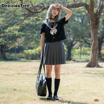 

2020 school uniform skirt cute teen girls gray pleated skirt cosplay kawaii jk students sailor suit