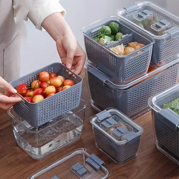 

3PCS Kitchen Storage Organizer Container Refrigerator Fresh-Keeping Box Vegetable Fruit Drain Basket Japanese Food Box With Lid