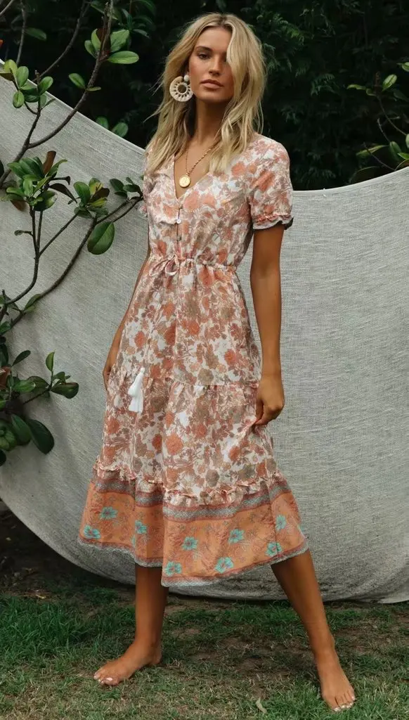 Boho, летнее платье миди с цветочным принтом, короткий рукав, v-образный вырез, шнуровка, винтажное, Vestido, Пляжное, шикарное, длинное женское платье, одежда для вечеринок