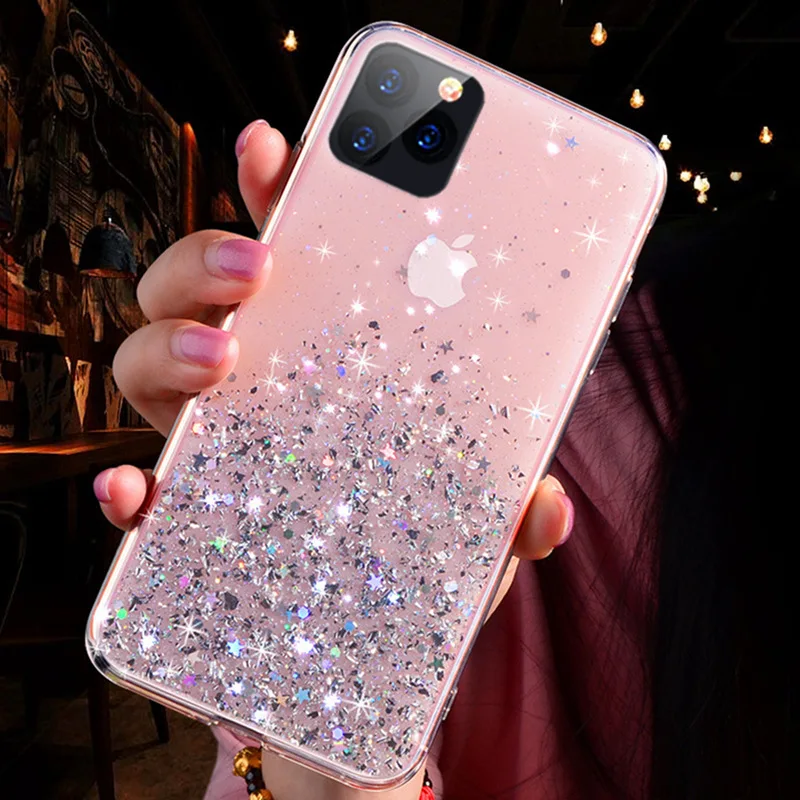 Блестящий Прозрачный чехол со звездами для iPhone 11 Pro X XR XS MAX 7 8 6s для samsung S10 S9 S8 Plus Note 10Pro 8 9 A10A20A30 A40A50A70