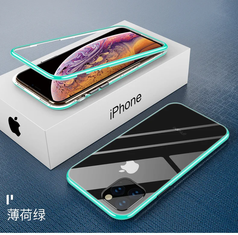 Magnetic Metal Frame Tempered Glass Phone Case Cover for iphone 11 11Pro 11ProMax iphone XS XR XSMAX Samsung Galaxy S8 S9 Note9 - Цвет: Светло-зеленый