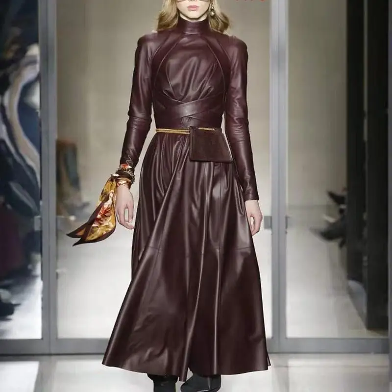 

Runway Solid Women A Word Faux Leather Pu Dress Long Sleeve High Waist Sashes Irregular Pleated Maxi Dress