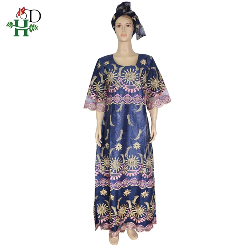 H&D Plus Size African Women Dresses Embroidery Long Dress With Headtie Dashiki Bazin Dress For Women African Traditional Clothes