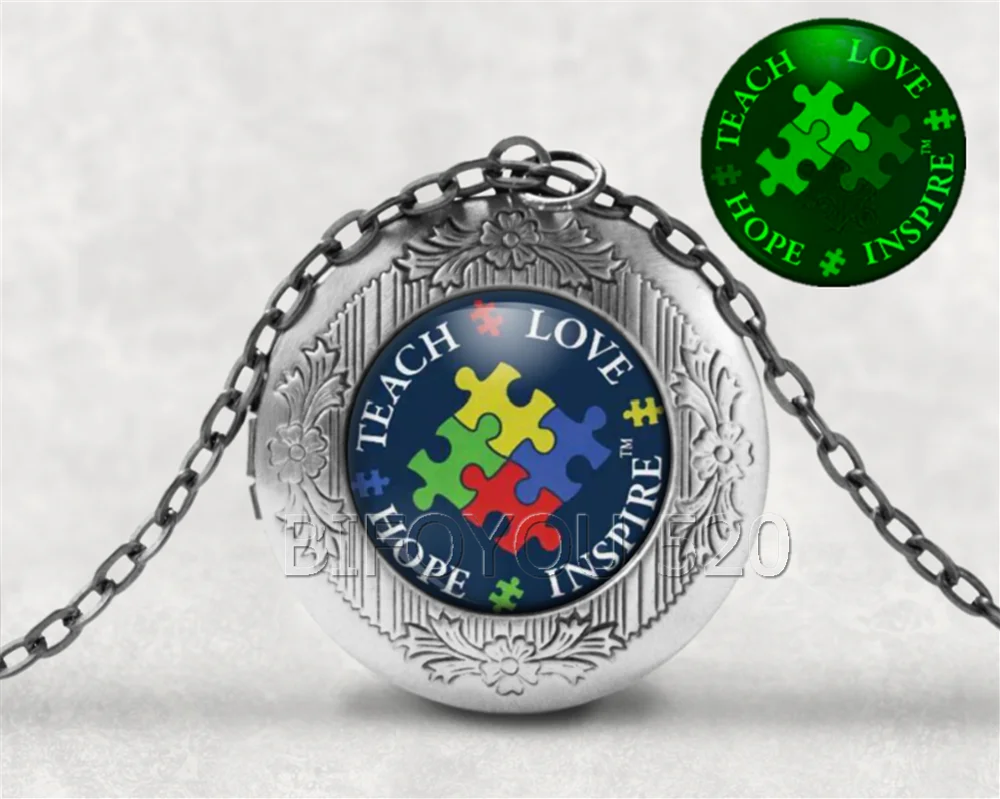 

BIFOYOU Autism Awareness Puzzle Cabochon Glass Aromatherapy Photo Locket Necklace Perfume Essential Oil Pendant