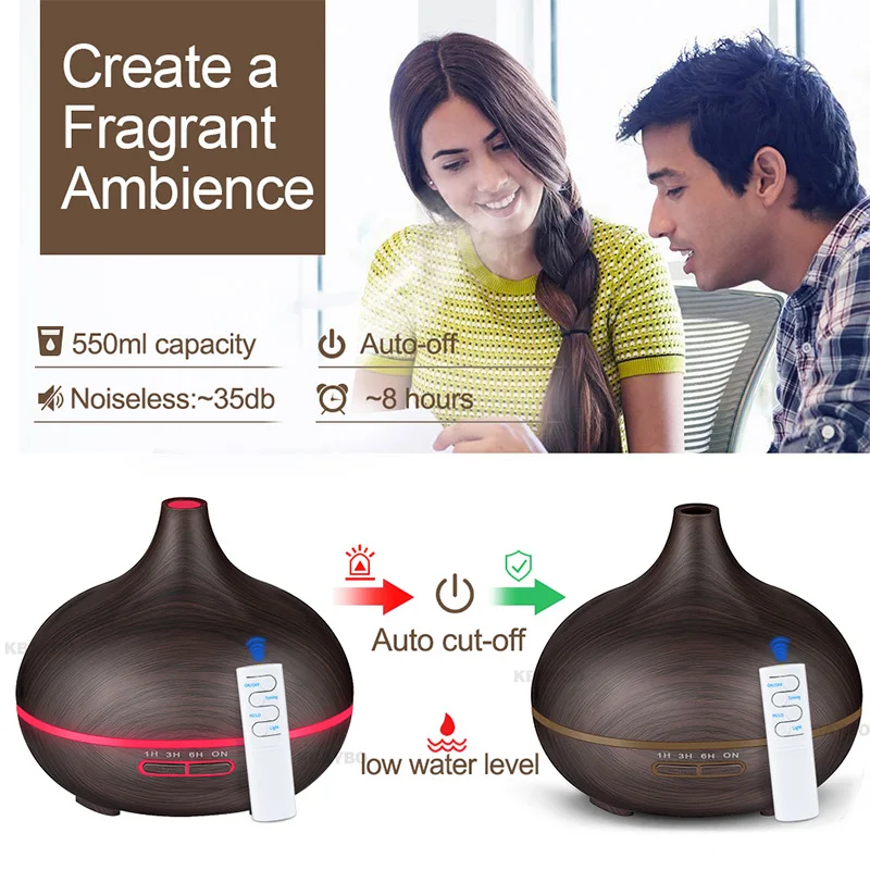 Tanie 550ML zdalnego sterowania drewna ziarna nawilżacz generujący chłodną mgiełkę ultradźwiękowy, aromatyczny olejek eteryczny dyfuzor biuro domu życia jogi