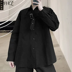 Pfhq 2021 nova moda masculina solta cor sólida lapela manga longa personalidade escura bandagem selvagem magro camisa primavera outono 21e1043