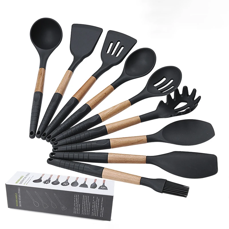 Black 9-Pcs set 9-12 шт Силиконовая кухонная утварь высокая термостойкость набор кухонной посуды с ящиком для хранения щипцы лопатка кухонная посуда черный - Цвет: Black 9-Pcs set
