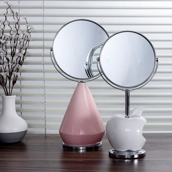 

Modern Glass Rotatable Home Decor Mirror Double-side Makeup for Vanity Bathroom Decoration Ceramic Table Mirror Apple Vase Stand