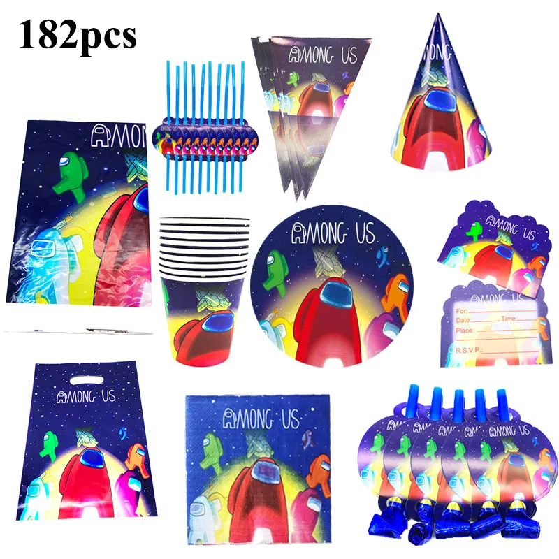182PCS Among Us Birthday Party Decoration Baby Shower Supplies Disposable Napkins Plates Cups Straws Tablecloths | Дом и сад