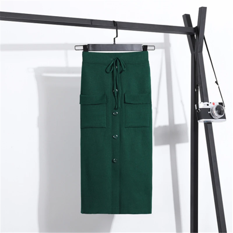 Women Winter Knitting Skirt Solid Sashes High Waist Straight Pockets Kawaii Skirts Mid-Calf Empire Button Casual Korean Skirt