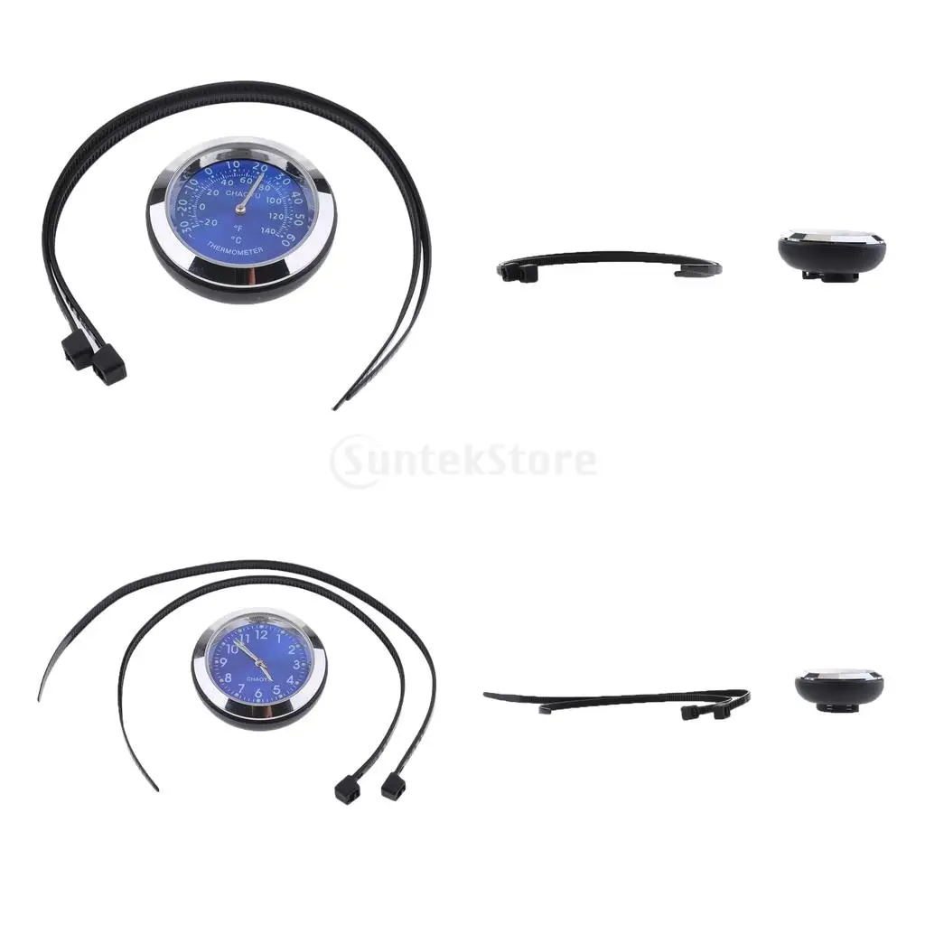 4Pcs Motorcycle Bike Blue Dial Clock Watch + Thermometer Temperature Gauges
