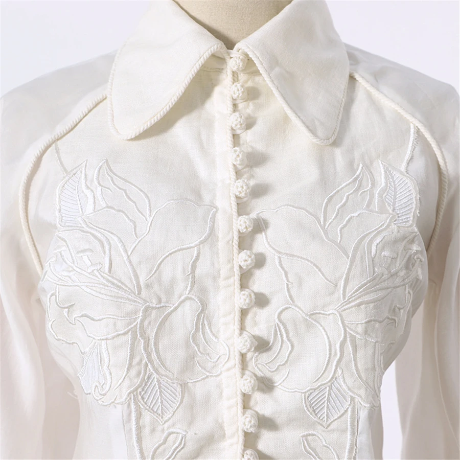 Весенние однотонные белые женские рубашки, модная Элегантная блузка с отложным воротником, топ для отпуска, изысканная кружевная блузка с вышивкой