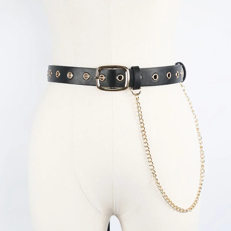 Women Punk Chain Fashion Belt Adjustable Double/Single Row Hole Pin Buckle Waist Belt Jeans Casual Female Decorative Waistband 24