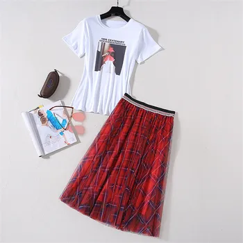 

High Street Fashion Summer 2Piece Set Women 2020 Elegant Lady Outfits Short Sleeve Letters Print T Shirt Plaid Mesh Skirt Sets