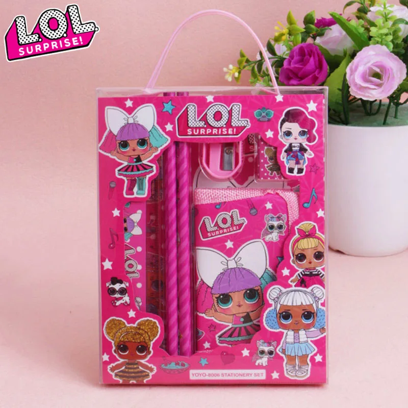 6 unids/set LOL sorpresa DollsCartoon de aprendizaje creativo papelería niños cumpleaños regalo cartera portátil papelería