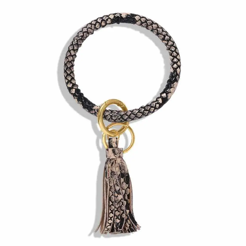 Dvacaman New Fashion Multi-Color Tassel Keychain Enamel PU Leather O Key Chain Monogram Circle Wristlet Keychain For Women Girls - Цвет: 6