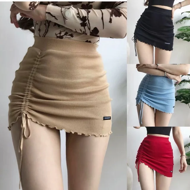 US $16.31 XIBANI Irregular high waist elastic short skirt tight package hip side drawcord knitted mini skirt 