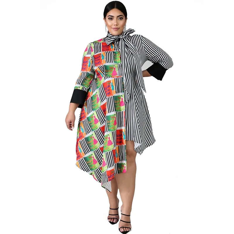 

Autumn Women Plus Size Long Sleeve Dress Casual Loose Shirt Dress Black Stripe Dresses Patchwork Clothing Wholesale Dropshipping
