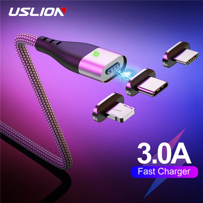 USLION Fast Charging Magnetic Cable 3A Micro USB Type C For iPhone 11 Pro XS Max XR X Samsung S10 Magnet Phone Charger Data Cord