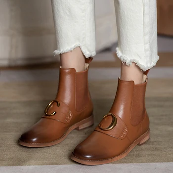 

Genuine Leather Women Ankle Boots Metal Decoration Round Toe Flat with Shoes Women Slip-on Short Boots Ladies Platform Shoes