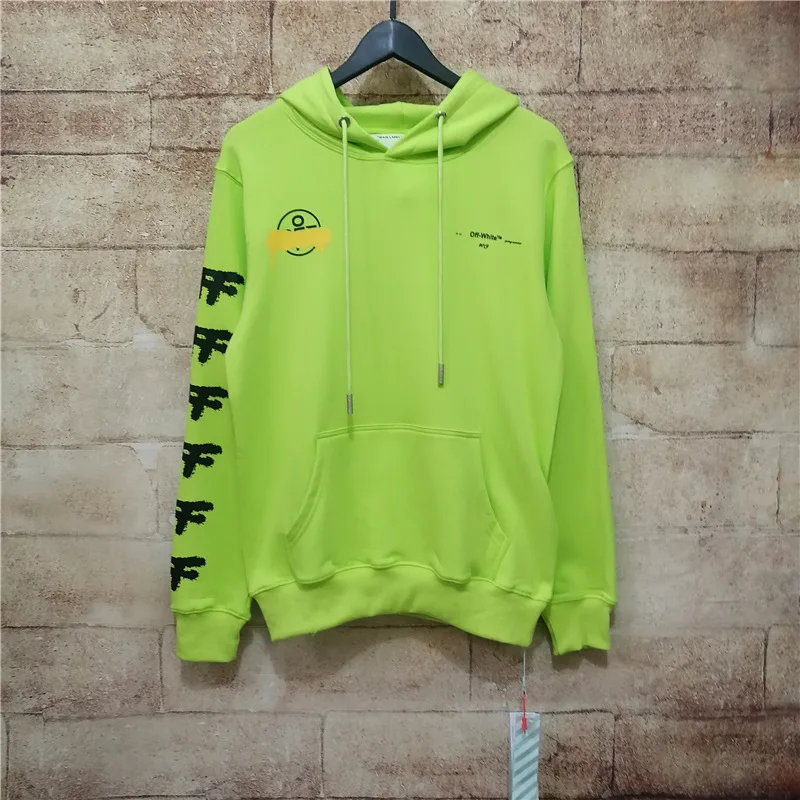 OFF-WHITE Ограниченная серия флуоресцентных зеленых брызг чернил стрелка печать дизайн с капюшоном негабаритных мужчин