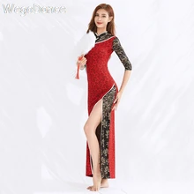 Женский короткий рукав сексуальный длинный Чонсам с высоким разрезом практика латинское платье