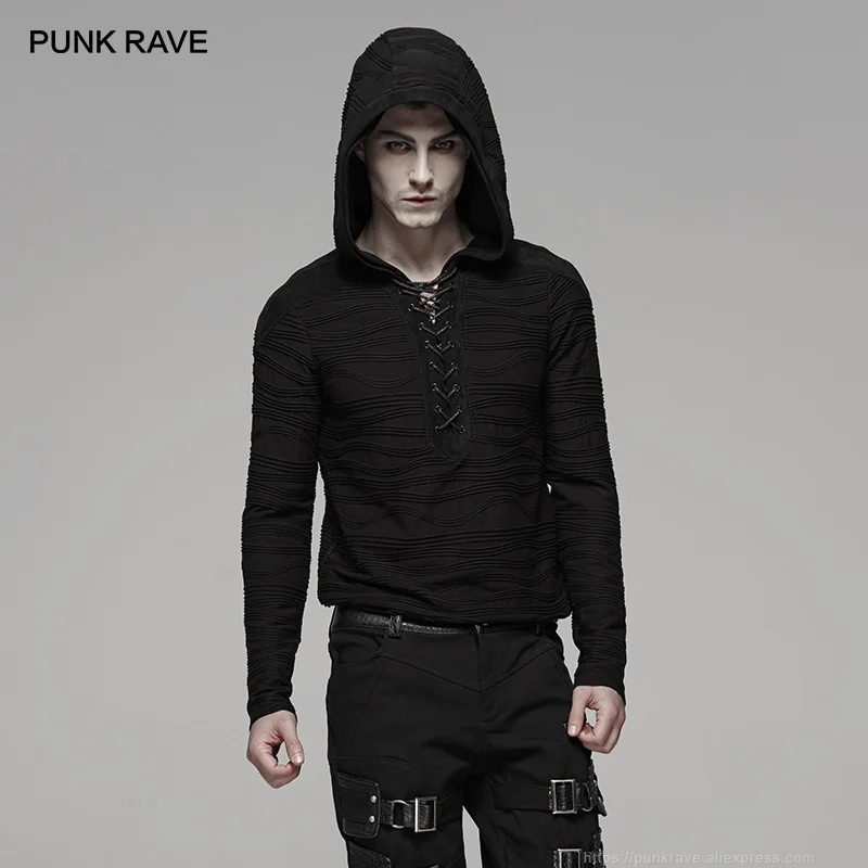 

PUNK RAVE Men's Punk Dark Stripe Knitted Irregular Long Sleeve T-Shirts Hoodies Rock Personality Men Tops Streetwear Man Tees