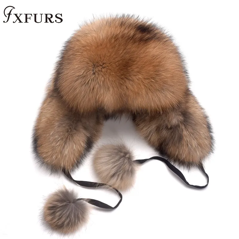 

2019 Women Genuine Fox Fur Hats Whole SKin Real Fur Caps Winter Warm Raccoon Russian Ushanka Hats Earmuffs Hats Ladies Snow Caps