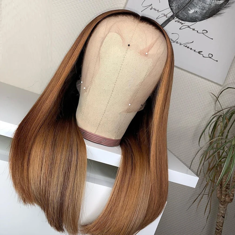

Brwon Silky Straight Medium Lenghth Bob Synthetic Lace Front Wigs for Women With Baby Hair Glueless Cosplay Wig High temperature