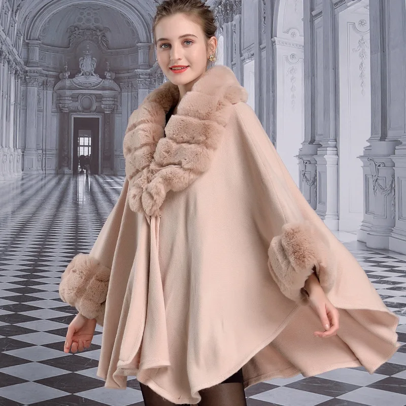 Women Party Overcoat Cloak Winter Faux Rabbit Fur Big Striped Collar Knitted Cardigan Cape Cashmere Long Sleeve Outstreet Poncho