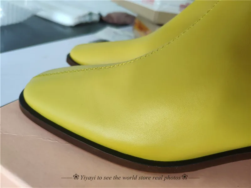 Г., новые ботинки с квадратным носком ботинки из овечьей кожи на высоком каблуке желтая обувь на весну-осень женские кожаные ботинки с закрытым носком
