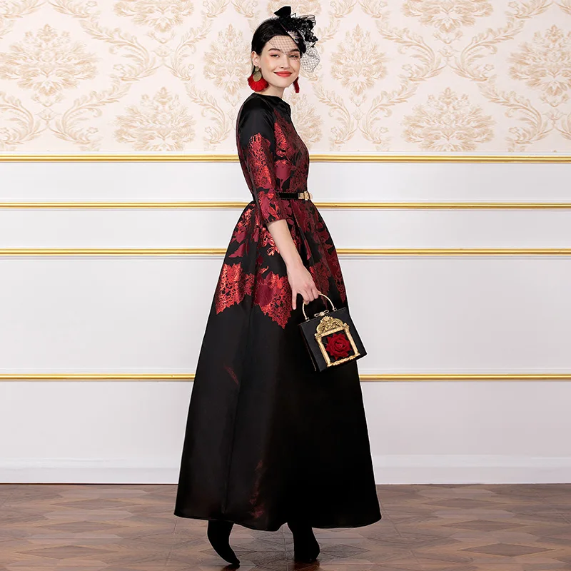 Роскошное платье-Тренч высокого качества, г. Осенние вечерние платья, женское чудесное жаккардовое длинное платье с бантом и цветами DZ2233