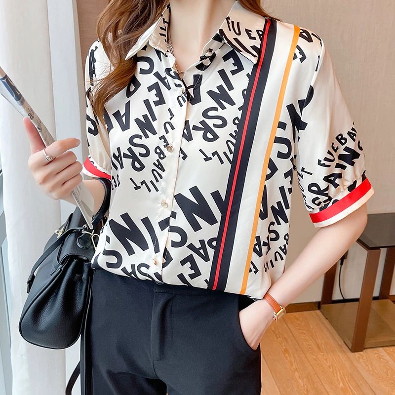 Camisas de de moda coreana para mujer, camisa de satén oficina de manga corta abotonada de talla grande XXL, Tops de señora blusa|Camisa| - AliExpress