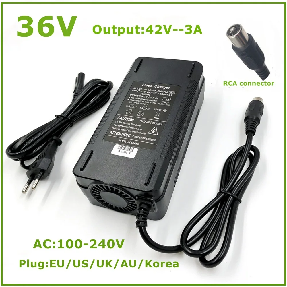 Output 42V3A Li-ion Lithium Battery Charger for 36V Battery RCA Plug Connector 36V Li-ion Lithium Charger Battery Charger