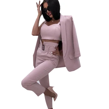 

Office Ladies Solid 3 Pieces Set Buttonless Slim Blazer CamisTops and Pant Women Pants Suits