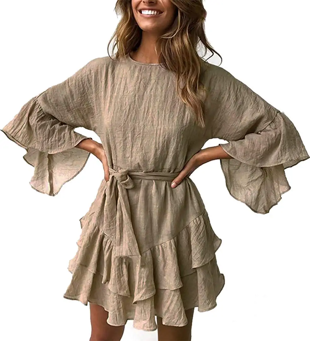 

Women Casual Solid Color Bell Sleeve Ruffle Swing A Line Mini Dress Sundress with Belt