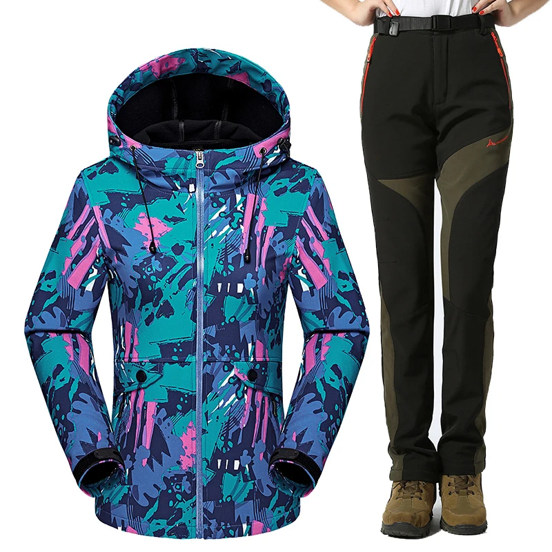 Women Winter Waterproof Jacket Fishing Skiing Warm Fleece Softshell And Pants Outdoor Trekking Camping Hiking Set | Спорт и