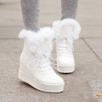 

Plus Size Women Warm Fur Lace Up High Wedge Hidden Heel Platform Ankle Boot