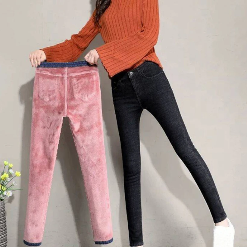 

Winter Warm Pants for Women Velvet Thicken Leggings Skinny Casual Ankle-Length Trousers High Waist Plus Size Denim Leggings 2020