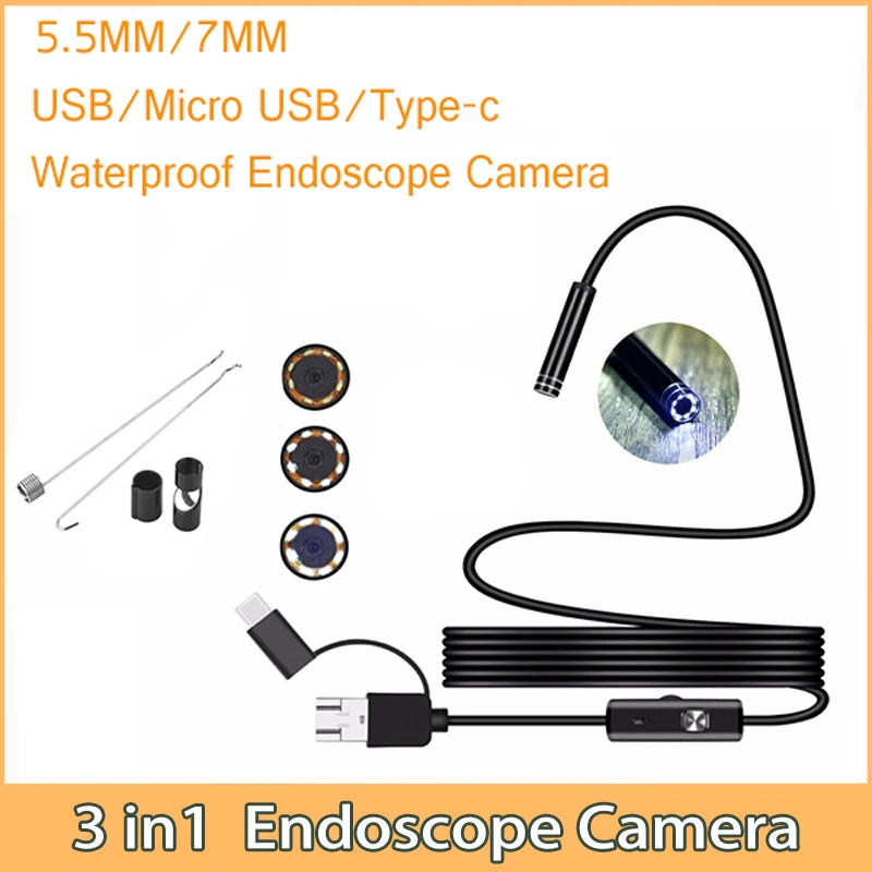 

Endoscope Camera 5.5MM/7MM 3 in 1 Micro USB Mini Typec Camcorder Waterproof 6 LED Borescope Inspection Camera For Android Laptop