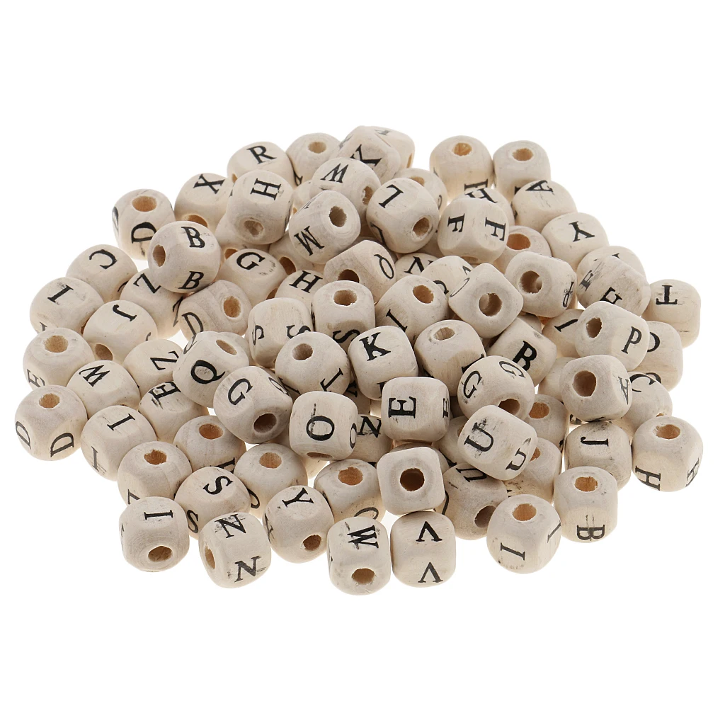 100 Piece Mini Wooden Alphabet Letters Printed Cube Beads for Jewelry Making Craft 10mm