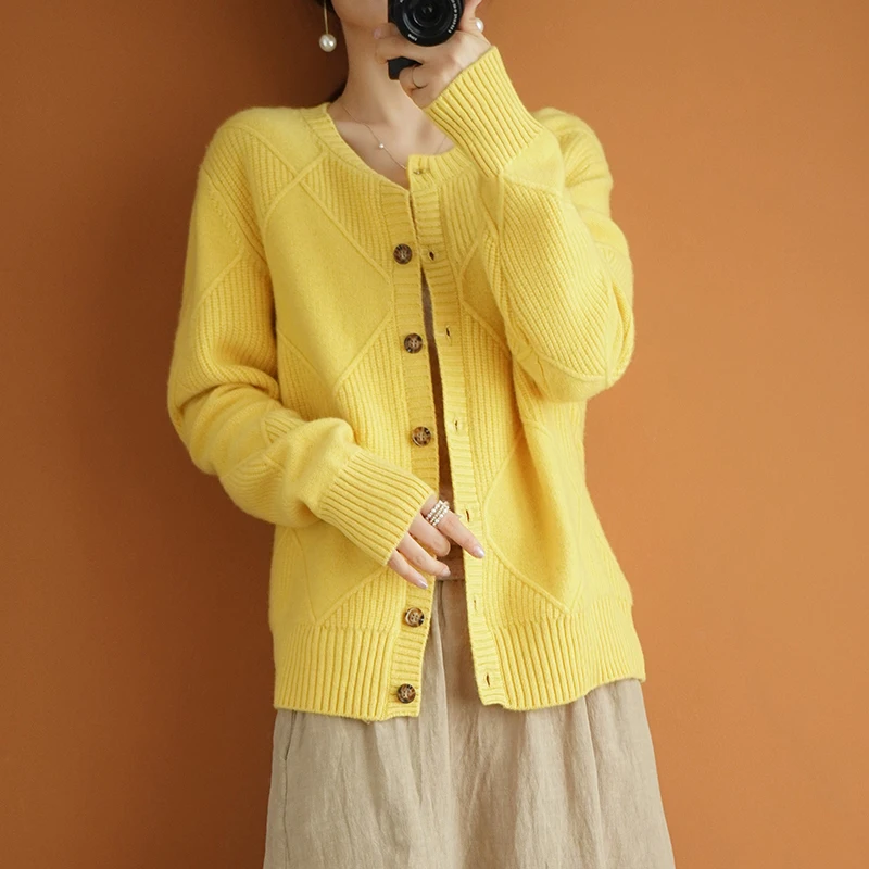 Cárdigan de Cachemira para mujer, suéter de lana ajustado con cuello redondo de punto, Top de talla grande, informal, manga larga, novedad de primavera y otoño de 2021