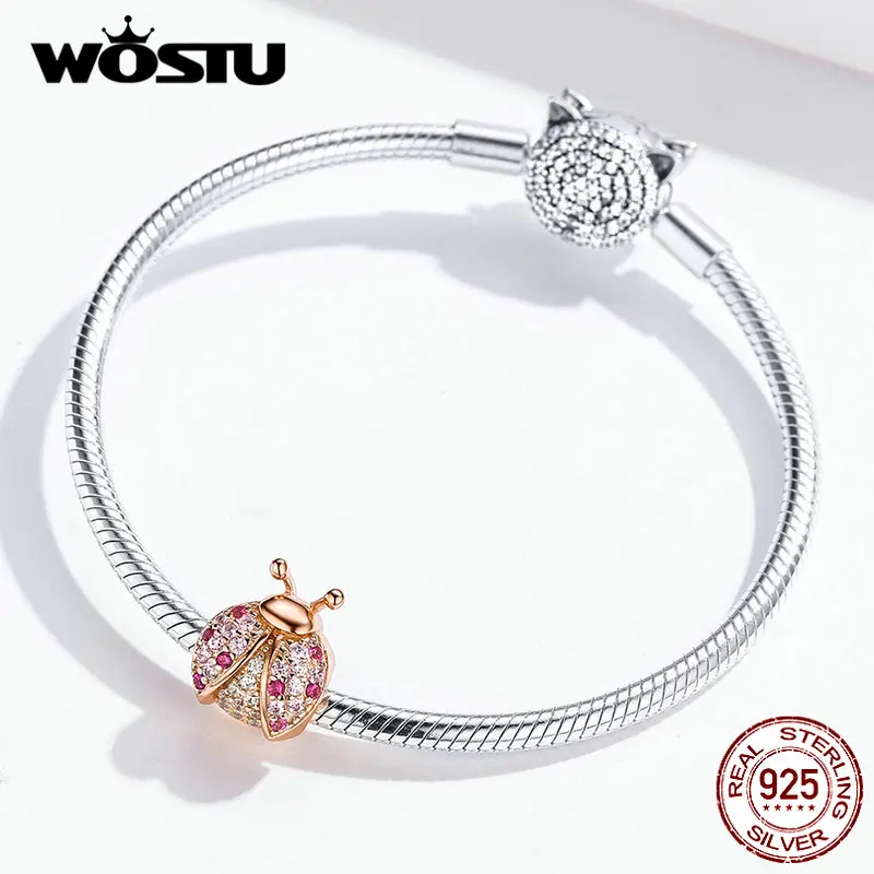 WOSTU, 925 пробы, серебряные, божья коровка, подвески, розовое золото, розовый циркон, бусины, подходят к оригинальным браслетам, подвеска, свадебные ювелирные изделия, CQC1120-C